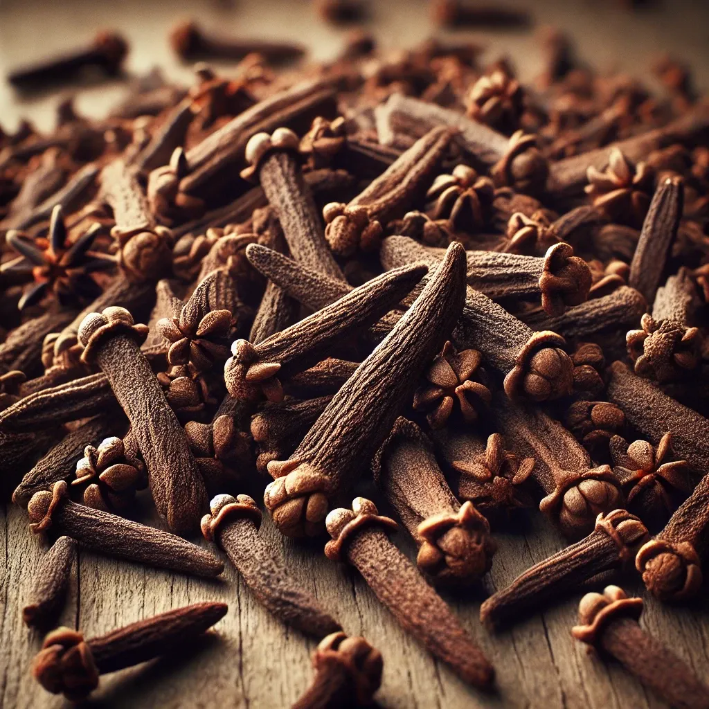 DALL·E 2025 03 13 14.59.34 A highly detailed close up image of dried cloves Syzygium aromaticum scattered on a wooden surface. The cloves are deep brown showing their unique